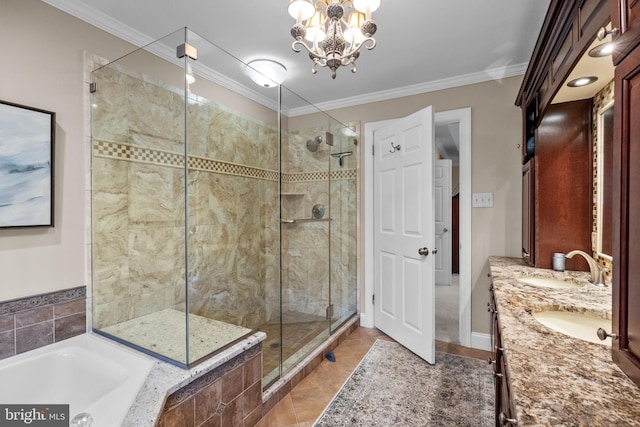 bathroom with vanity, independent shower and bath, a notable chandelier, and ornamental molding