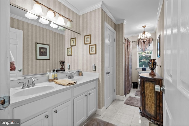 bathroom with tile patterned flooring, vanity, ornamental molding, and an inviting chandelier