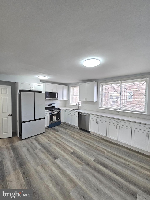 kitchen featuring white cabinets, stainless steel appliances, and light hardwood / wood-style flooring