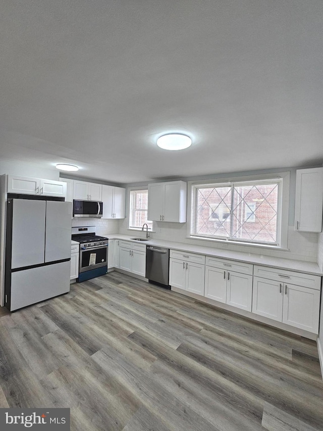 kitchen with white cabinets, appliances with stainless steel finishes, a wealth of natural light, and sink