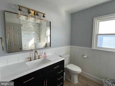 bathroom featuring vanity, hardwood / wood-style flooring, and toilet