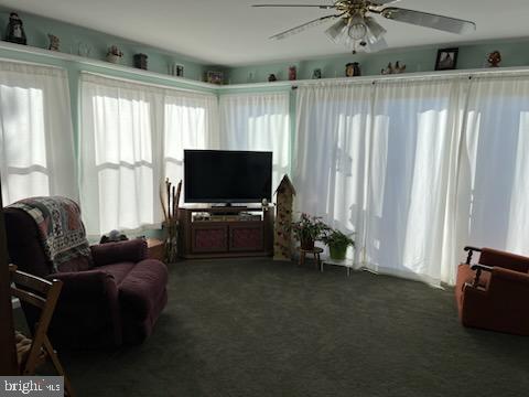 carpeted living room featuring ceiling fan