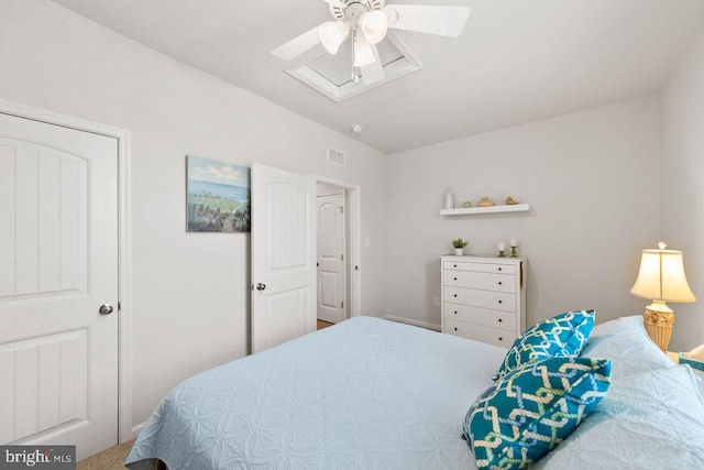 bedroom with ceiling fan and carpet floors