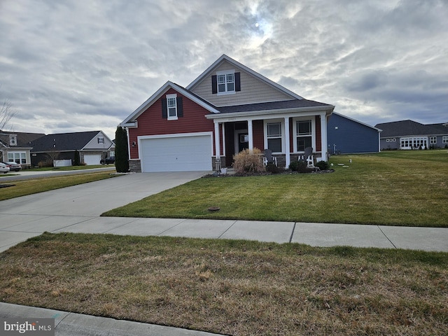 craftsman house with a garage, a porch, and a front yard