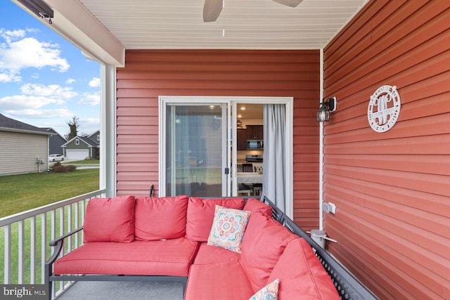 exterior space with ceiling fan