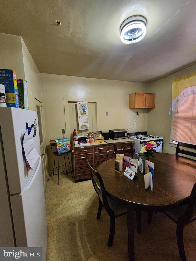 dining space featuring light carpet