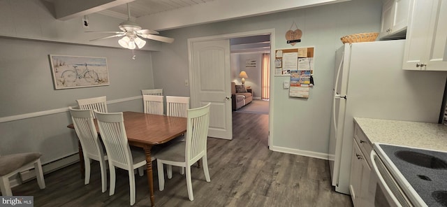 dining area featuring beam ceiling, ceiling fan, wood ceiling, and dark wood-type flooring