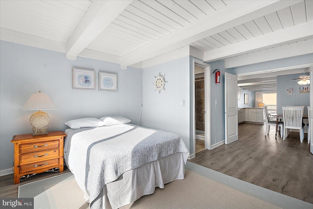 bedroom with beam ceiling, hardwood / wood-style floors, and wooden ceiling