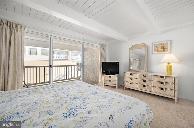 bedroom featuring access to outside, light carpet, wood ceiling, and beam ceiling