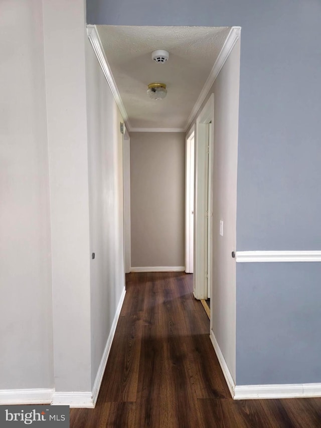 hall with crown molding and dark wood-type flooring