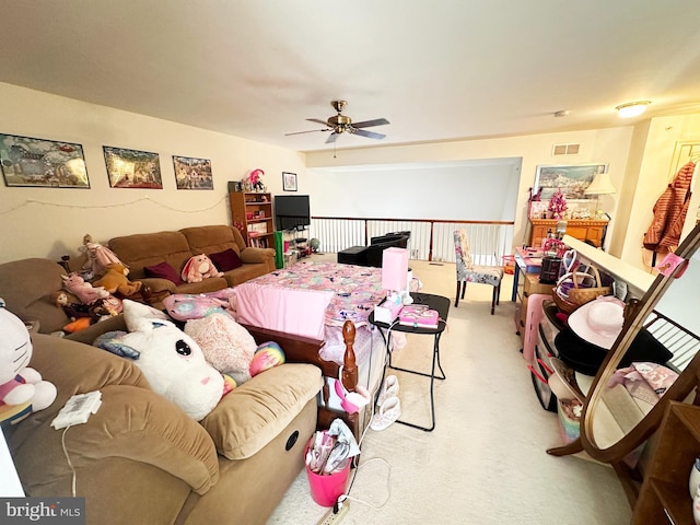 bedroom featuring carpet flooring and ceiling fan