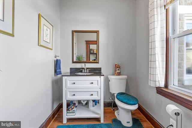 bathroom with vanity, wood-type flooring, and toilet