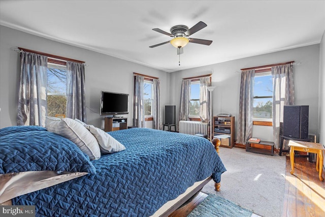 bedroom with radiator and ceiling fan