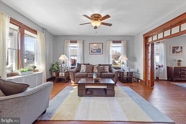 living room with hardwood / wood-style flooring, plenty of natural light, ceiling fan, and radiator