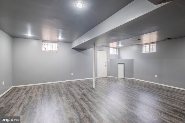 basement with hardwood / wood-style floors and a healthy amount of sunlight