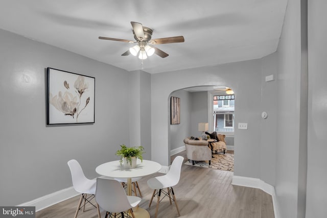 dining area with ceiling fan and wood-type flooring