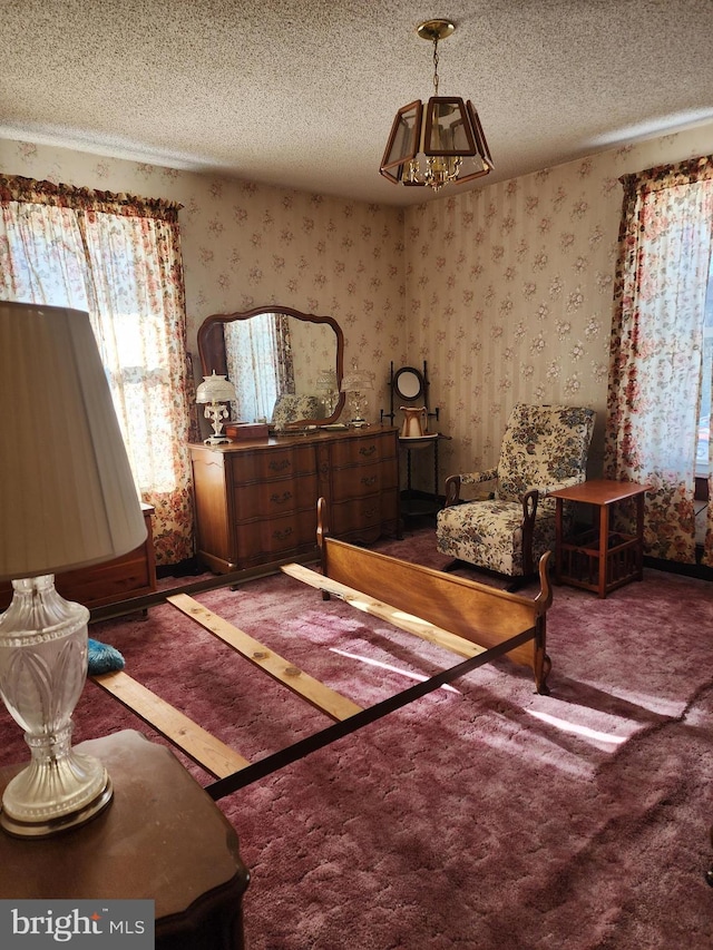 living area with carpet and a textured ceiling