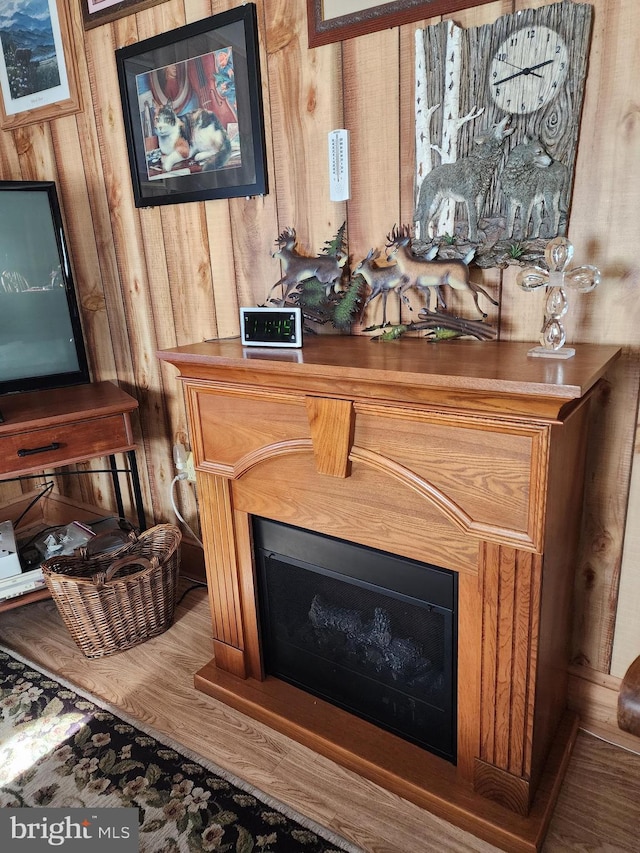 interior details featuring hardwood / wood-style floors and wooden walls