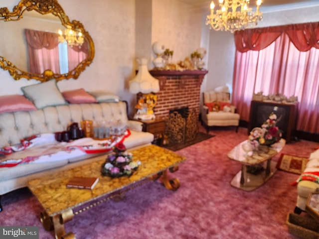 living room with a fireplace, carpet floors, and a chandelier