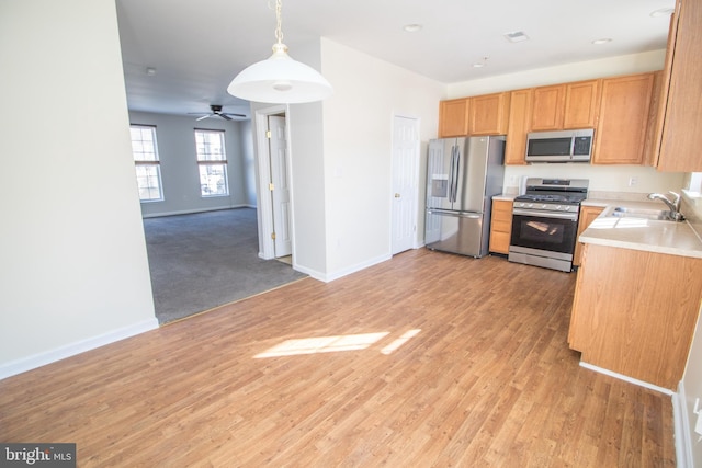 kitchen with sink, light hardwood / wood-style flooring, hanging light fixtures, and appliances with stainless steel finishes