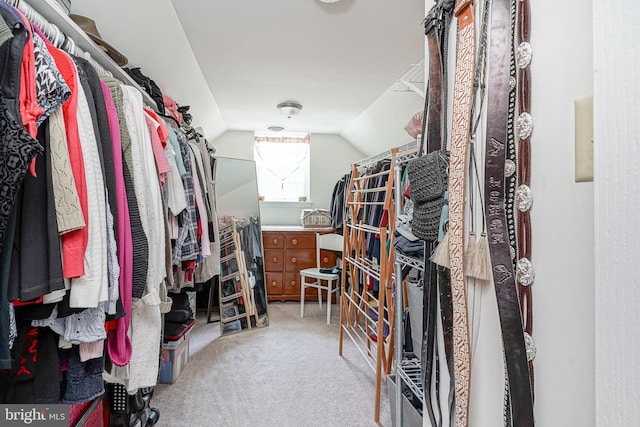 spacious closet featuring light carpet and vaulted ceiling