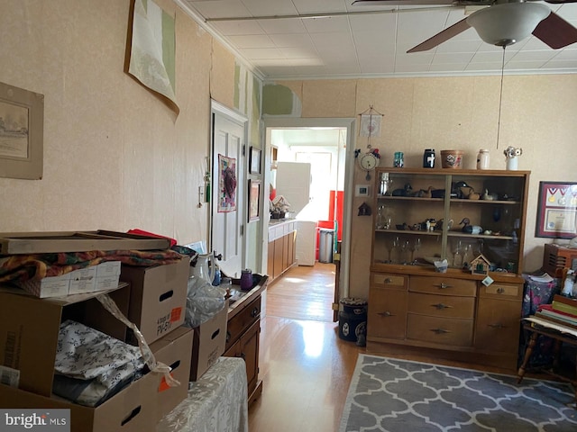 misc room with ceiling fan, light hardwood / wood-style floors, and ornamental molding