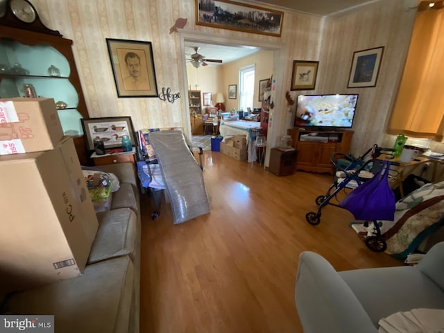 living room featuring hardwood / wood-style flooring and ceiling fan