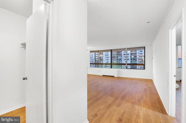 corridor with light hardwood / wood-style floors, a textured ceiling, and a wall of windows