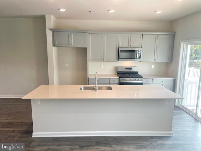 kitchen featuring gray cabinets, sink, an island with sink, and stainless steel appliances