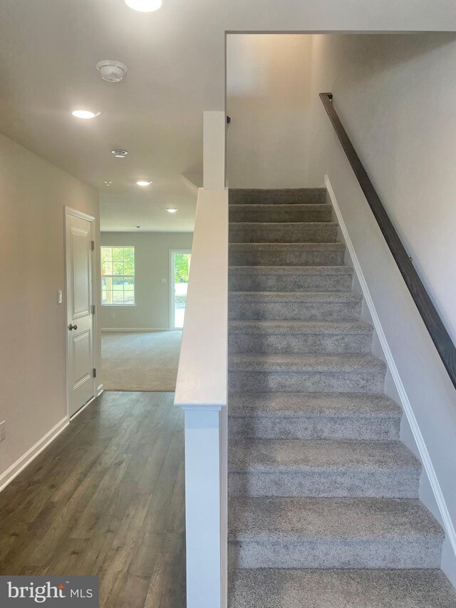 stairs with hardwood / wood-style flooring