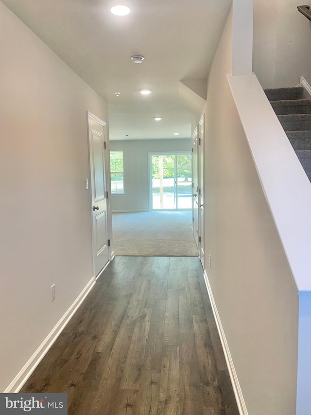 hall with dark wood-type flooring