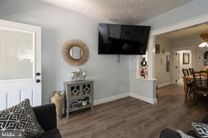 living room with dark hardwood / wood-style flooring