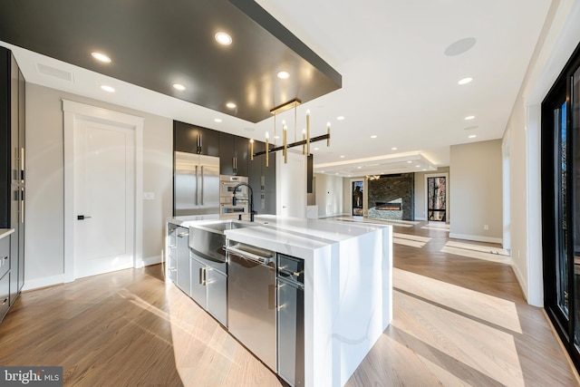 kitchen featuring a fireplace, pendant lighting, stainless steel appliances, and light hardwood / wood-style floors