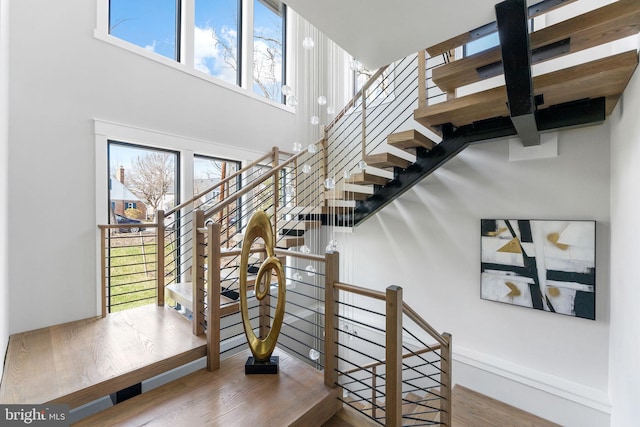 3113 Circle Hill Rd, Alexandria, VA 22305 - stairs with wood finished floors, plenty of natural light, a towering ceiling, and baseboards