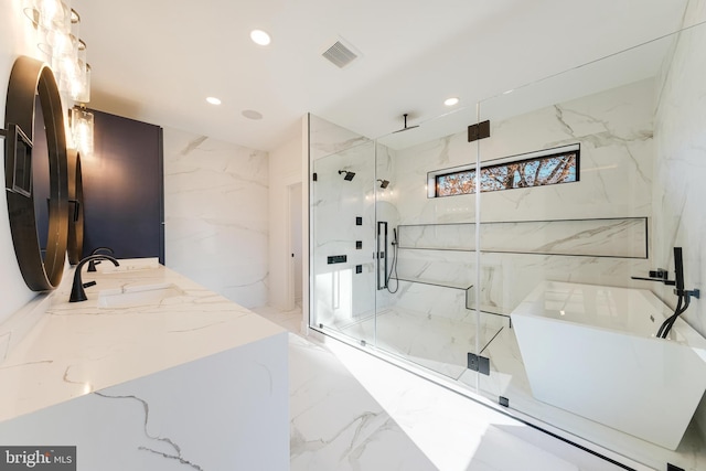 bathroom featuring vanity and plus walk in shower