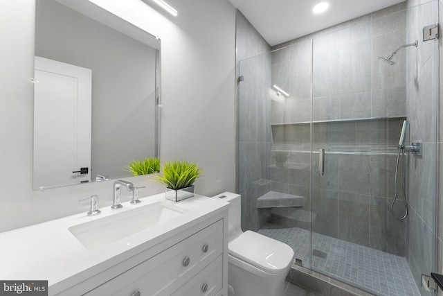 3113 Circle Hill Rd, Alexandria, VA 22305 - bathroom with toilet, vanity, a shower stall, and recessed lighting