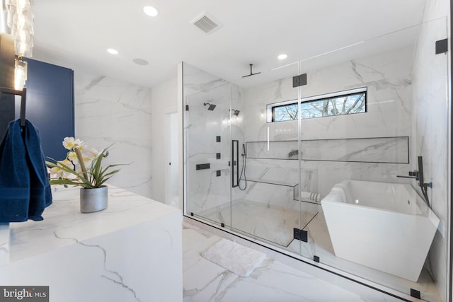 3113 Circle Hill Rd, Alexandria, VA 22305 - full bathroom featuring a marble finish shower, marble tiled floors, recessed lighting, and a freestanding tub