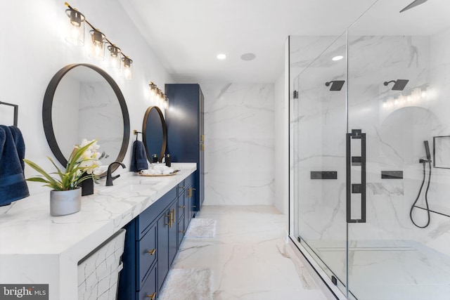 3113 Circle Hill Rd, Alexandria, VA 22305 - full bathroom with double vanity, marble tiled flooring, a marble finish shower, and recessed lighting