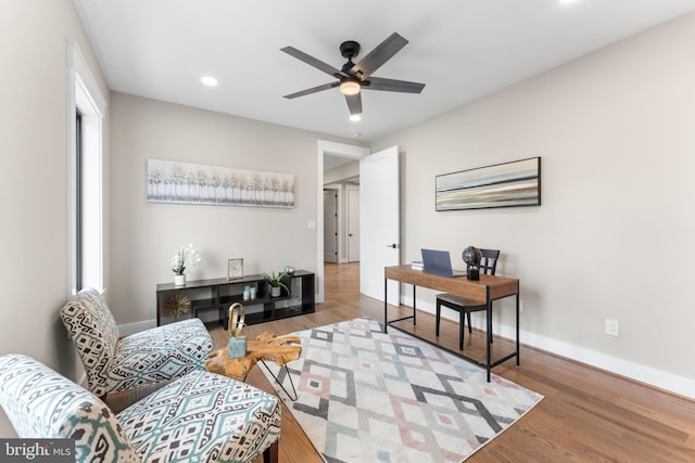3113 Circle Hill Rd, Alexandria, VA 22305 - living area with ceiling fan, a desk, recessed lighting, wood finished floors, and baseboards