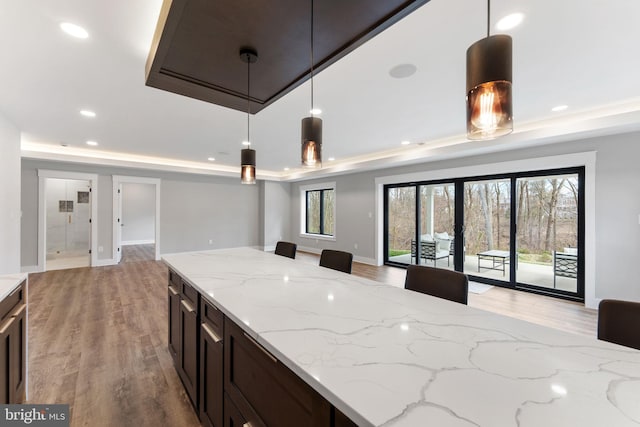 3113 Circle Hill Rd, Alexandria, VA 22305 - kitchen with light wood-type flooring, a raised ceiling, decorative light fixtures, light stone counters, and recessed lighting