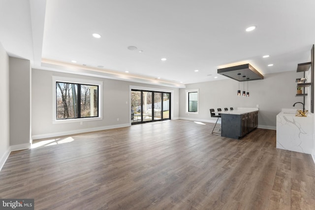 3113 Circle Hill Rd, Alexandria, VA 22305 - unfurnished living room featuring baseboards, a sink, wood finished floors, and recessed lighting