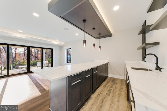 3113 Circle Hill Rd, Alexandria, VA 22305 - kitchen featuring light stone counters, light wood-type flooring, sink, and hanging light fixtures