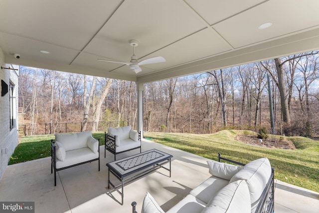 3113 Circle Hill Rd, Alexandria, VA 22305 - view of patio / terrace with an outdoor living space, a ceiling fan, and view of scattered trees