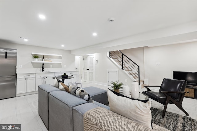 tiled living room with sink