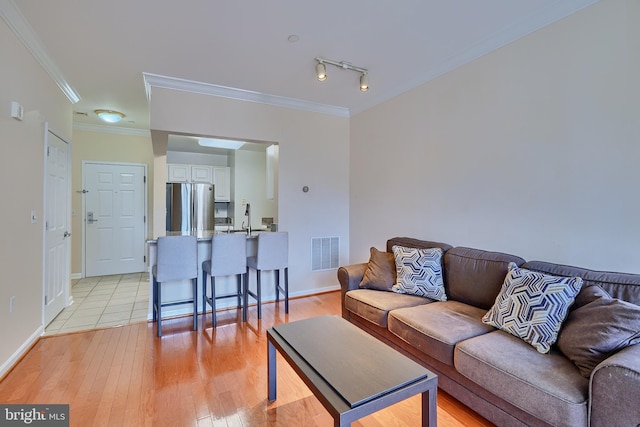 living room with crown molding, light hardwood / wood-style flooring, track lighting, and sink