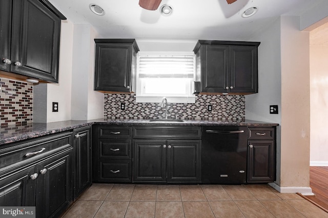 kitchen with backsplash, dishwasher, dark stone countertops, and sink