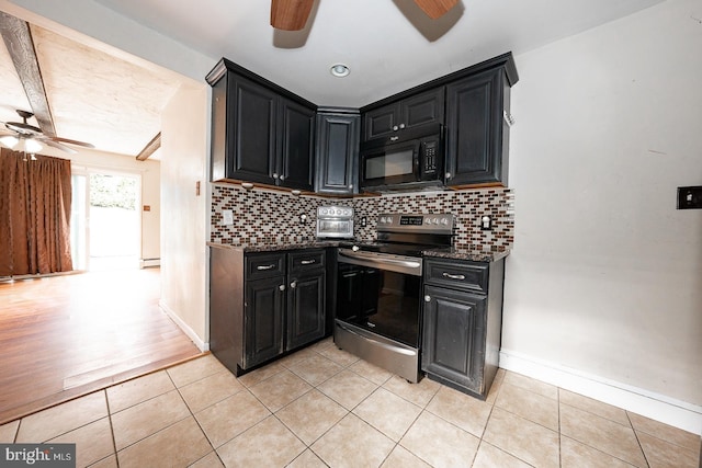 kitchen featuring decorative backsplash, ceiling fan, light wood-type flooring, and electric stove