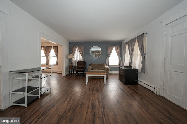 living room featuring dark hardwood / wood-style flooring and a baseboard radiator