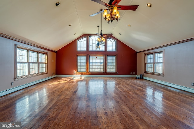 unfurnished living room featuring ceiling fan, a baseboard radiator, wood-type flooring, and lofted ceiling