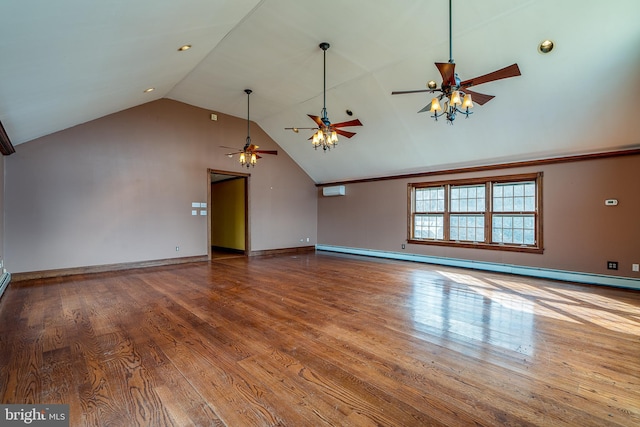 unfurnished living room with baseboard heating, ceiling fan, hardwood / wood-style floors, and vaulted ceiling